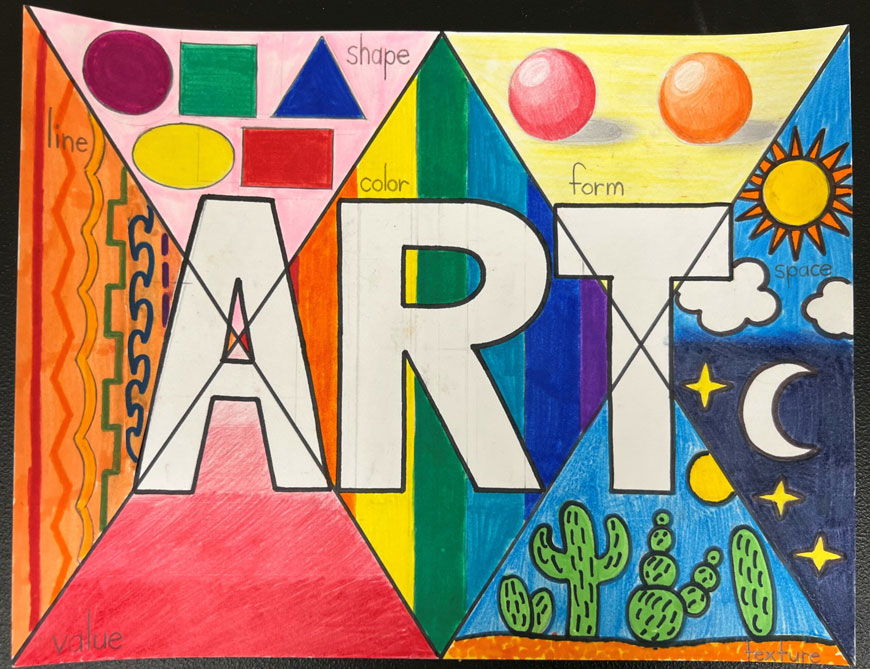 Artwork with the word 'Art' displayed in the middle with multiple sections in the background displaying 7 elements of art. 