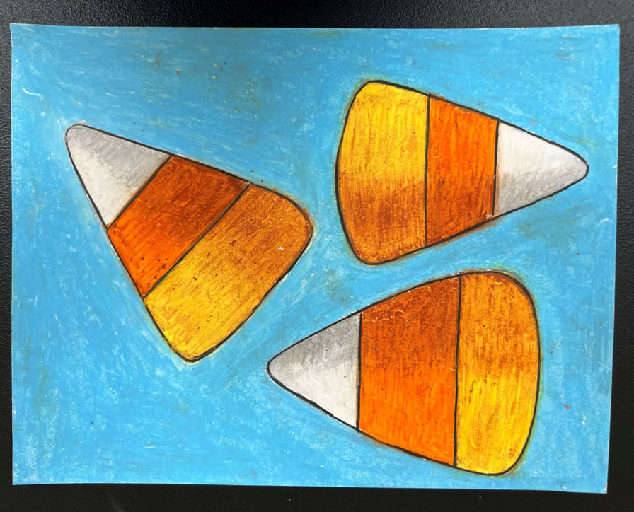 An artwork of drawn and colored candy corn, on a light blue background.