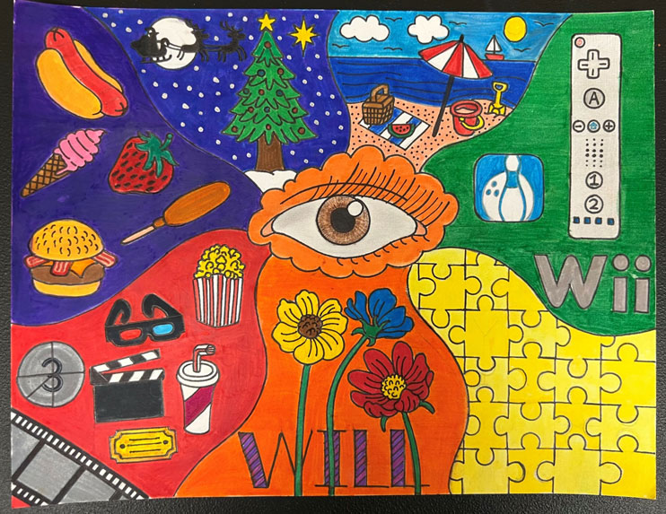 A child's art-piece which contains an eye in the middle, surrounded by different rainbow colored rays filled with different objects and scenes.